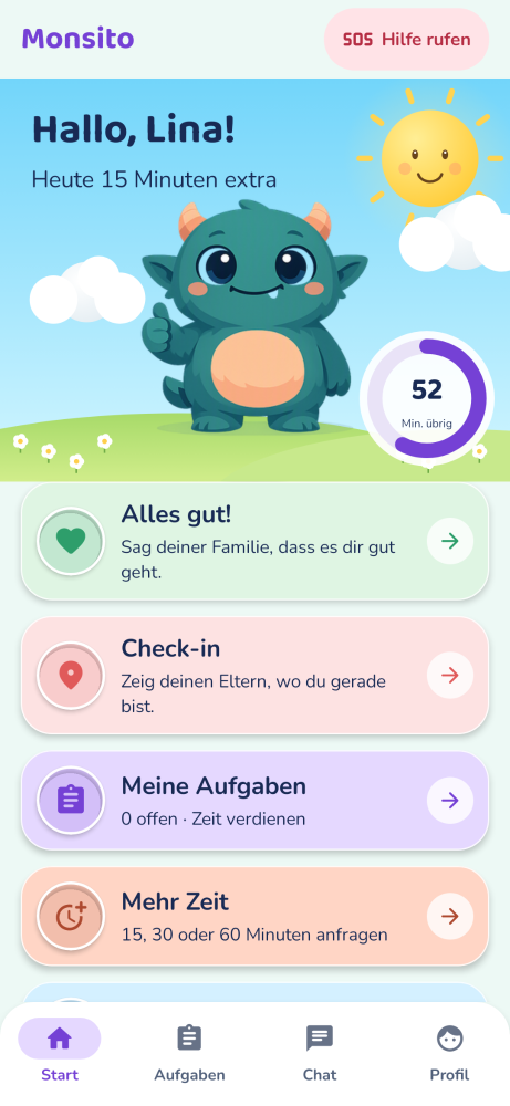 Kinder-App: Startseite mit Monster und Restzeit
